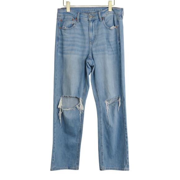 American Eagle 90's Straight Leg Jeans Ripped High Rise Mom Jeans 10 Short - Picture 2 of 7